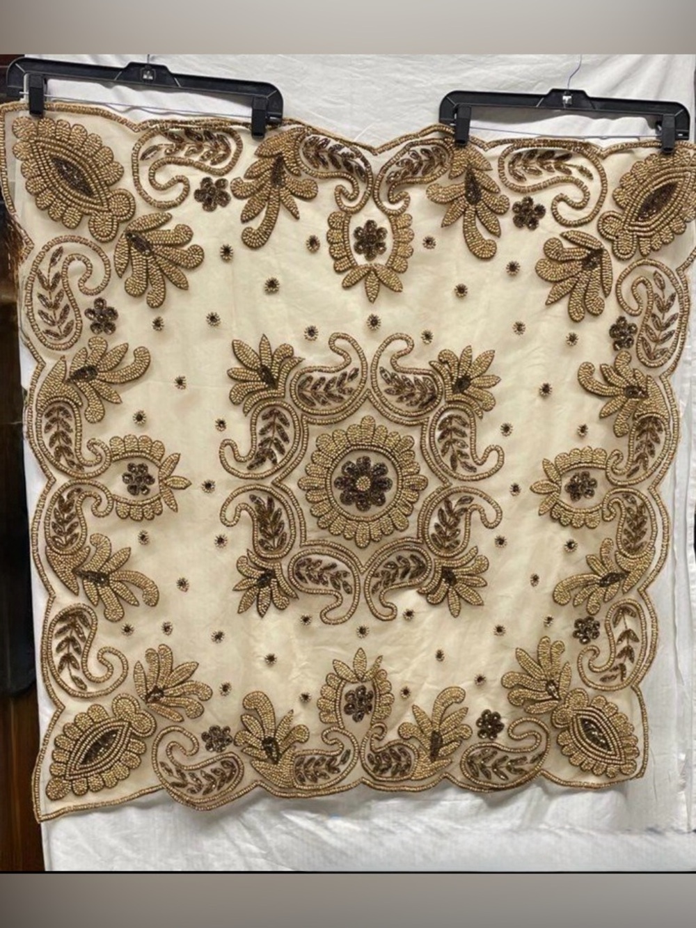 Vintage Sheer Embroidered Beaded Tablecloth (40x40) and Tissue Box Cover Set